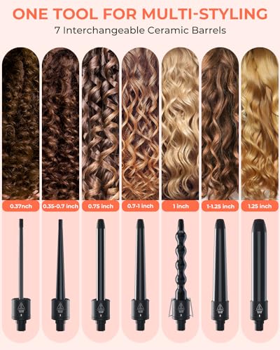 Image of 7 in 1 Curling Wand Set: Ohuhu Curling Iron Wand 7Pcs 0.35 to 1.25 Inch Interchangeable Ceramic Barrel Heat Protective Glove 2 Clips Dual Voltage Hair Curler Women Black