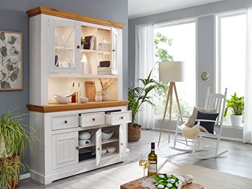 Woodroom Oslo Buffet Vitrine Vitrinenschrank Standvitrine Wohnzimmerschrank, Holz, Weiß, Hoch und Schmal