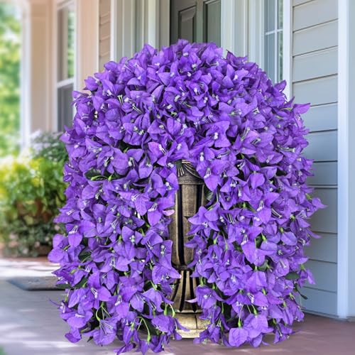 Siyaluens 4 Pcs UV Resistant Artificial Flowers for Outdoors, Realistic Faux Silk Bougainvillea Flowers, Fake Hanging Plants for Porch Patio Balcony Decoration (Dark Purple)