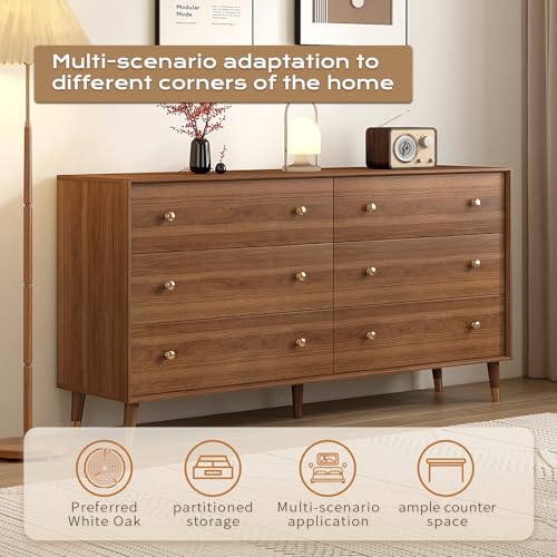 Image of Messenya 6 Drawer Dresser for Bedroom, 55 Inch Walnut Dresser for Closet, Mid Century Wood Chest of Drawers with Natural Texture & Pre-Embedded Slots for TV Stand, Living Room, Hallway, Office