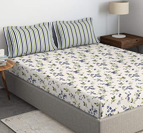 Image of DDECOR - Florette 100% Cotton Fitted Bedsheet with 2 Pillow Covers, King Size, Blue