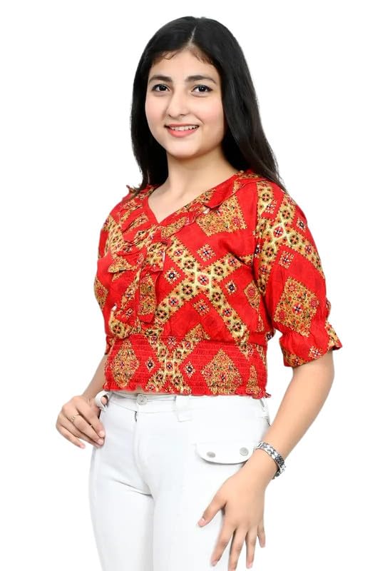 FELLAMO Girls/Women Digital Print V-Neck Half Sleeves Crop top-114-RED-11-12 Years 1