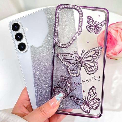 Image of Elzzi Electroplated Butterfly Phone Cover for Samsung S26 Plus Case, Showcasing Pearlescent Diamond Soft TPU, Camera Protection, Shockproof, Dropresistant Stylish for Girls & Women (Deep Purple)
