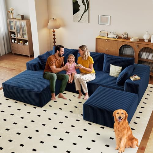 Image of 96 inch Modular Sectional Sofa with Ottoman, Modern Corduroy Cloud Couch with Deep Seat, Boneless Couch Upholstered 3-Seater U-Shaped Sofa for Living Room, No Assembly (Blue, Left-Facing Chaise)