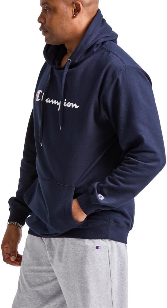 Champion Men's Hoodie, Powerblend, Fleece, Comfortable Sweatshirt for Men (Reg. Or Big & Tall) Standard Medium Navy Script