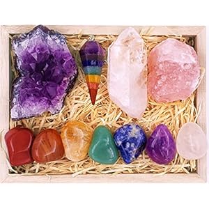 Premium Crystals and Healing Stones Premium Kit in Wooden Box – 7 Chakra Stones Healing Set, Rose Quartz, Amethyst Cluster, Quartz Points, Chakra Pendulum, EBook, Poster, Made-in-USA, Gift Ready