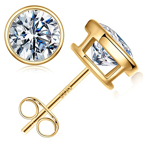 Bezel Setting Moissanite Earrings for Women, 0.5-3ct D Color VVS1 Clarity Lab Created Diamond Earrings 14K White Gold Vermeil S925 Sterling Silver Friction Back Moissanite Stud Earrings for Women