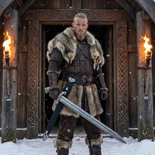 Viking Northman Sword Real Damascus Steel Battle-Ready Functional Longsword | Handmade Medieval Viking Sword with Leather Scabbard | Gift for Him Sword Prop & Collectible