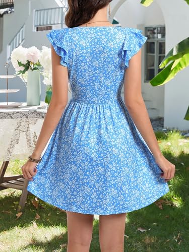 Image of Loemes Women Summer Cute Floral Deep V Neck Mini Dress Casual Ruffle Sleeveless High Waist Swing Beach Sundress with Pockets