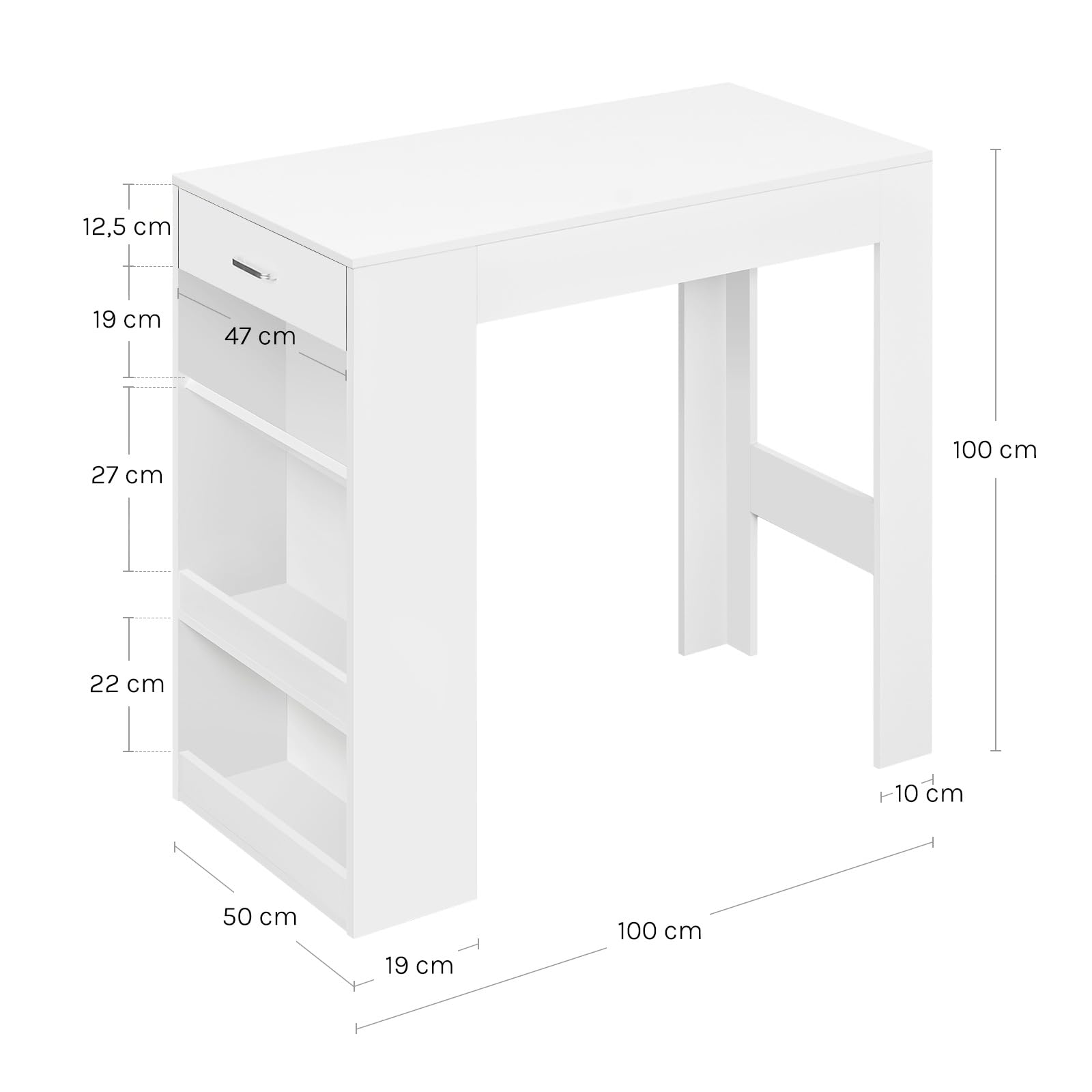WOLTU Bartisch, Stehtisch mit 1 Schublade & 3 Ablagen, Küchentisch mit Weinregal, Bistrotisch für Bar Küche Wohnzimmer Esszimmer (Mit Brett, Weiß, 100 x 50 x 100 cm)
