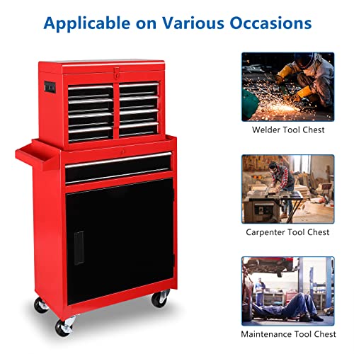 Tuffiom 5-Drawer Rolling Tool Chest, Tool Storage Cabinet W/Drawers, Wheels, Detachable Top & Adjustable Shelf, Mechanic Tool Organizer Box For Garage, Workshop, Warehouse & Repair Shop, Red & Black #TOP7