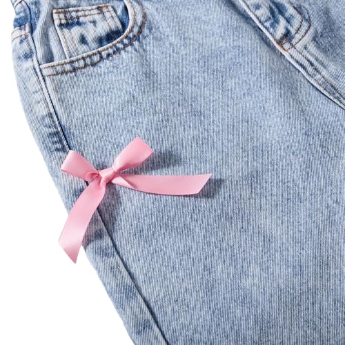 Bow Jeans for Girls Wide Leg Baggy Denim Pants Cute High Waisted Trousers Kids Casual Y2k Streetwear with Pockets 8-16Y4