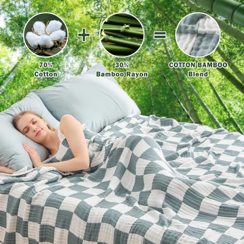 Image of EMME Cooling Muslin Twin Blanket - Checkered Lightweight Summer Cotton Blankets of Rayon Derived from Bamboo for Hot Sleepers, Ultra Soft Breathable All Season Gauze