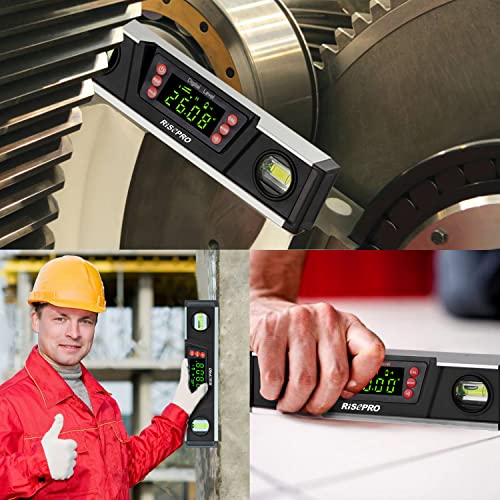 Digitale magnetische Wasserwaage und Winkelmesser – RISEPRO 10 Zoll IP54-geschützter elektronischer Blasen-Neigungsmesser, Winkelsucher, Messgerät mit großem VA-Display und Sockel mit V-Nut DL135-B