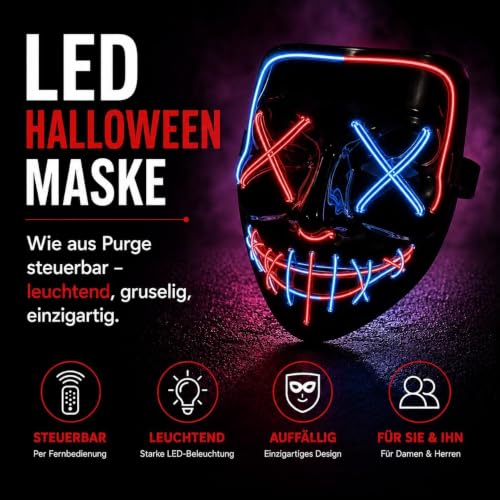 LED Purge Maske - Kostümmaske steuerbar für Halloween, Fasching & Karneval als Kostüm für Herren & Damen (Farbauswahl) (blau/rot) – Ansicht 6