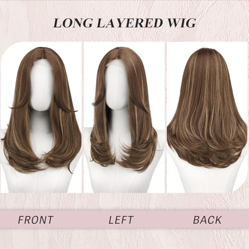 Image of FESHFEN Lace Front Hairline Wigs with Bangs, Synthetic Natural Looking Long Layered Straight Hair Wig for Women Daily Party Costume, 18 inch Brown Highlighted Blonde