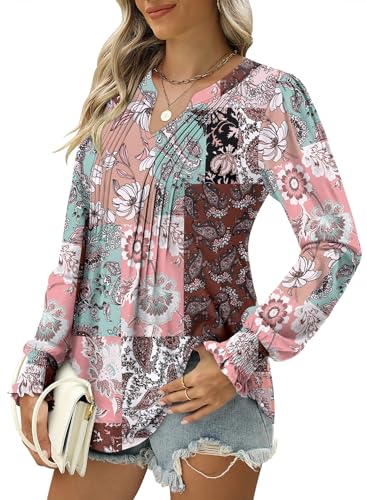 BETTE BOUTIK Long Sleeve Shirts for Women Fall Tops Dressy Blouses Pleated V Neck Tunic Tops for Leggings S-3XL