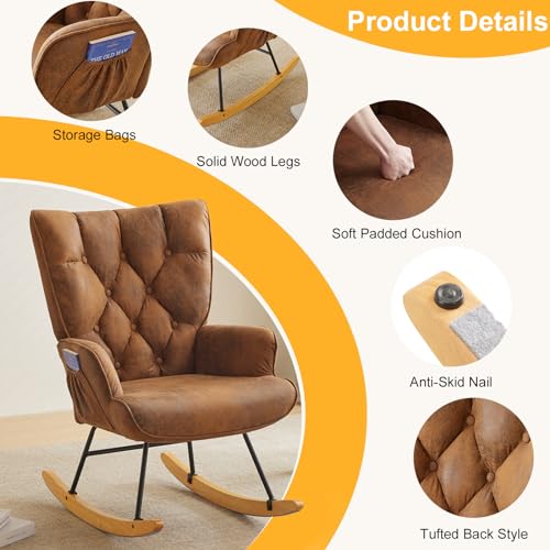 Imseigo Nursery Rocking Chair Hot Stamping Fabric Upholstered Glider Rocker Rocking Accent Chair Padded Seat with High Backrest Armchair Comfy Side Chair for Living Room Bedroom Offices (Brown)