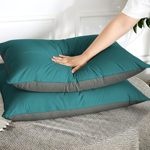 Image of Cloth Fusion Soft Reversible Microfiber Pillows Set of 2 for Sleeping (16x24 Inches, Teal-Grey)