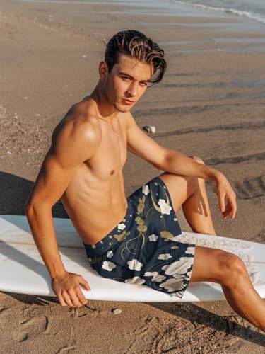 Mens Swim Trunks with Compression Liner,Japanese Floral on Black Men's Inseam Board Shorts Quick Dry Bathing Suit for Men3