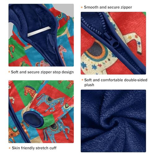 Colorful Horses on Squares Toddler Fleece Jacket Girl Boys Hooded Fleece Jacket Coat Warm Outwear Zip-up 3-10T3