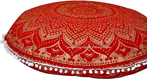 Thriving Red Dye Gold Mandala Cotton Floor Cushion Cover Handmade Pillow Cover Meditation Pouf Cover Boho Linen Seating Cushion For Living Room Yoga Room Home Decor Throws Yoga Mat Ottoman #TOP1