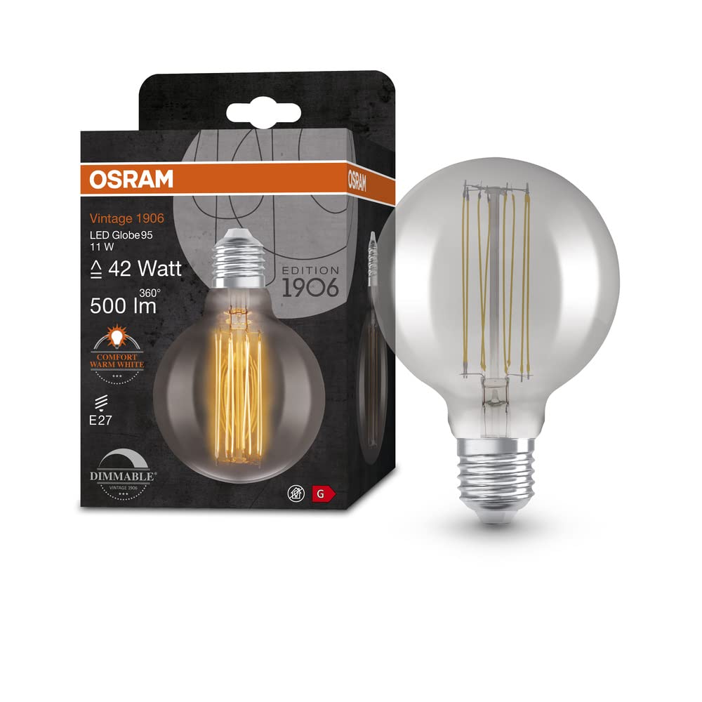 OSRAM Vintage 1906 Smoke Tinted LED lamp, 11W, 500lm, Globe Shape with 95mm Diameter & E27 Base, Warm White Light, Straight Filament, dimmable, Life of up to 15,000 Hours