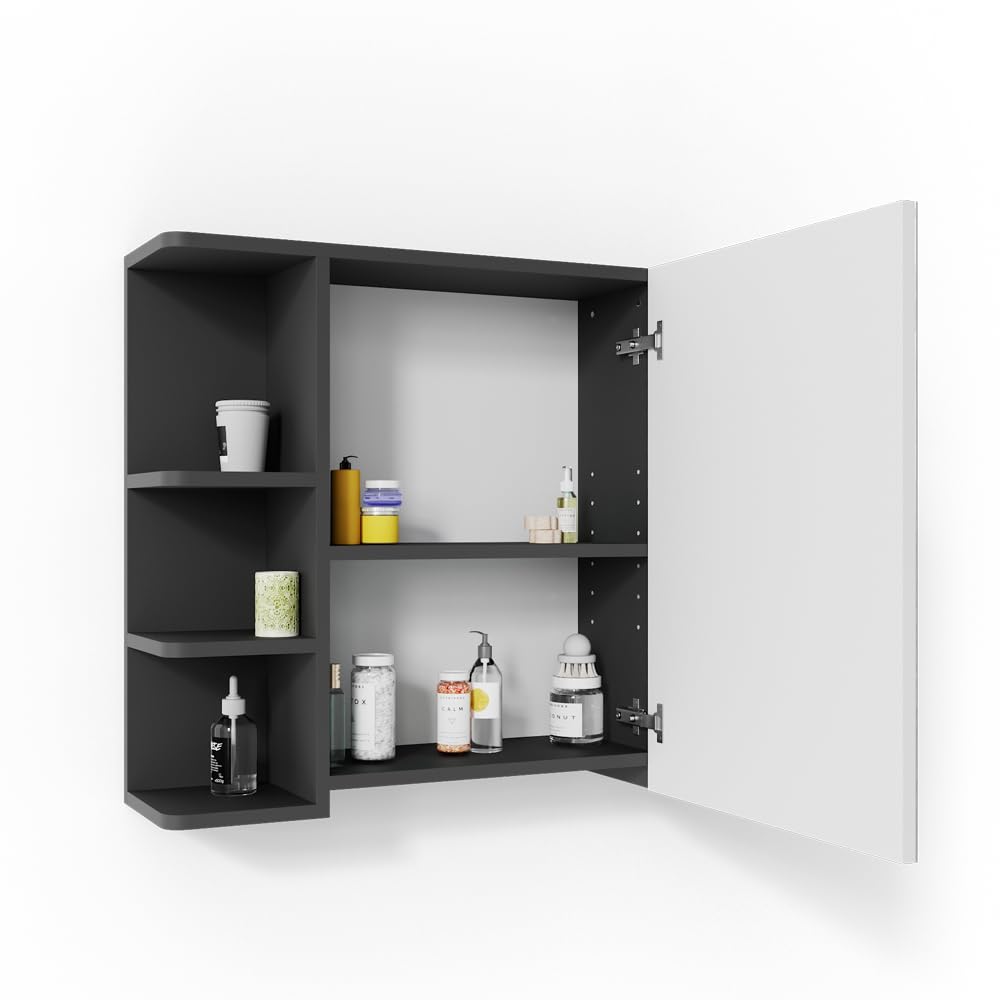 Vicco Armario con Espejo para baño Fynn, Antracita, 79.6 x 64 cm | con espejo y estantes abiertos para montaje en pared
