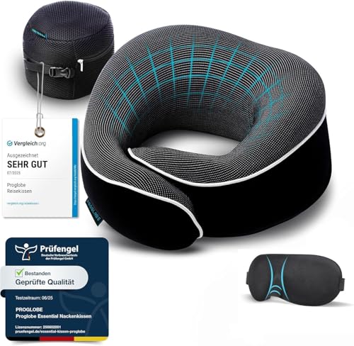 Proglobe Nackenkissen Flugzeug Reisekissen 100% Memory Foam Orthopädisches Nackenhörnchen Ideal für Reisen mit Flugzeug Auto Zug Mit 3D-Schlafmaske Hochwertige Netztasche (Schwarz)