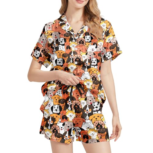 Image of Funny Satin Pajamas Set for Women Button Down Sleepwear Print Pjs Set 2 Piece Short Sleeve Loungewear Gift for Women