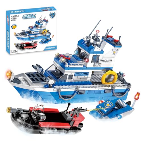Tobocoy Police Boat Building Set, 480 Pcs City Boat STEM Building Toy, Including Kayaks and Police Speedboats Toy Christmas, Birthday Gift for Kids Boys Girls 6 7 8 9 10+