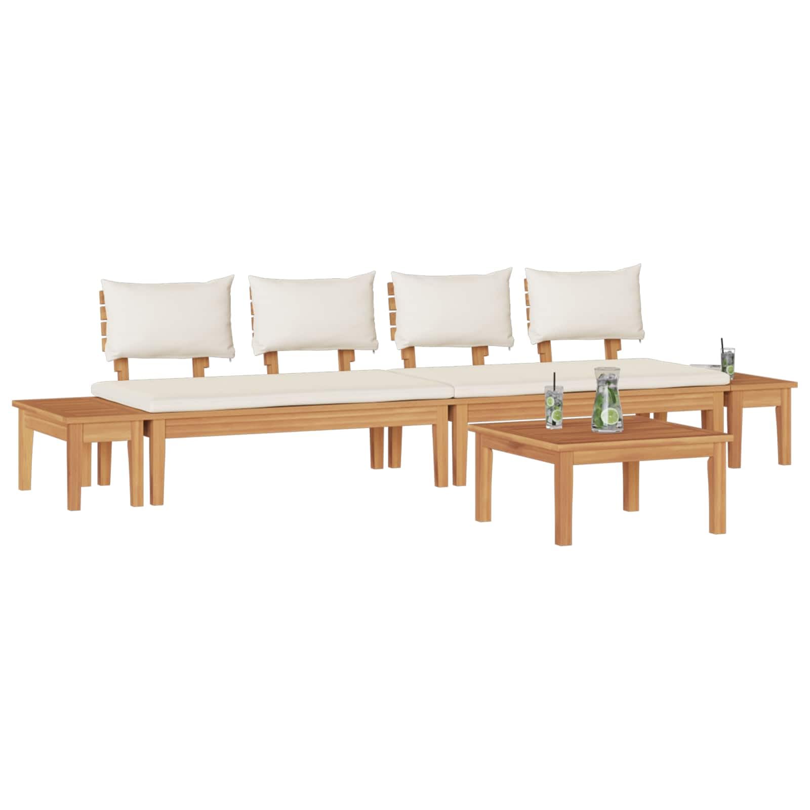 Set di divani da giardino in legno di teak, 5 pezzi, marrone e crema, con meccanismi regolabili, set di mobili da giardino moderni in legno di teak massiccio e morbidi cuscini in poliestere