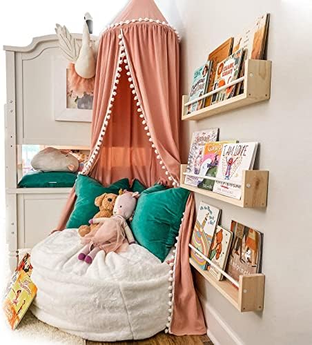 LOAOL Kids Bed Canopy with Pom Pom Cotton Canopy for Crib Baby Girl Netting Cover Canopy Crib Curtain Reading Nook Hanging Tent Nursery Play Game Castle House Decoration (Pink Pompom)