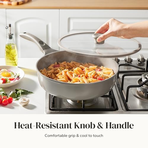 Image of Redchef Deep Ceramic Frying Pan with Lid, Nonstick Saute Pan Cookware All Cooktop Compatibility, Stay-Cool Handles, PFOA Free, Healthy Coating, Tempered Glass Cover, Even Heat, Grey (3.7Qt, 10 inch)