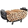 YQBRAO 32 Inch Firewood Rack with Wheels & Removable Canvas Carrier, Indoor Outdoor Log Holder, Heavy-Duty Fireplace Wood Storage Rack