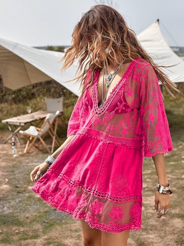 Image of Eomenie Women's Contrast Lace Bathing Suit Cover Up V-Neck Swimsuit Coverups Loose Swimwear Beach Dress Beachwear