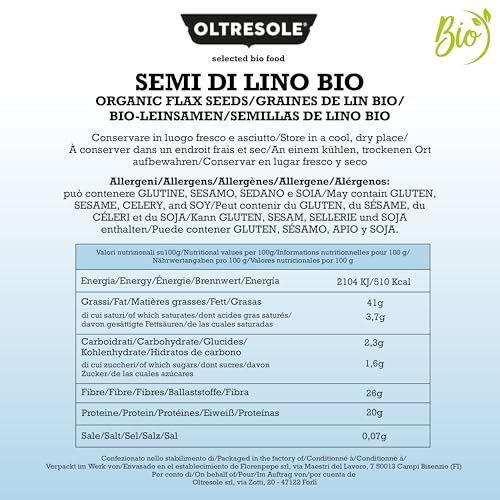 Oltresole, Bio-Leinsamen 1 kg, Rohe ölhaltige Samen, ganz und dunkel, reich an Mineralien und Ballaststoffen, Quelle von Omega 3 und Antioxidantien, 100% natürlich, ideale Familienpackung