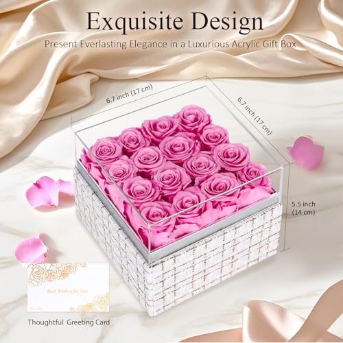 16 Preserved Rose, Eternal Pink Forever Flowers Roses in Acrylic Box, Flowers Gifts for Her Woman Wife Girlfriend on Birthday, Anniversary, Valentine's Day, Christmas - Image 6