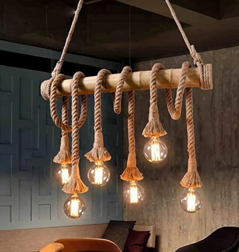 Image of GreyWings Rustic Jute Rope Hanging Light with Wooden Beam 6 Light Pendant Ceiling Lamp Farmhouse Hanging Light for (Bulb not Included), Pack of 2