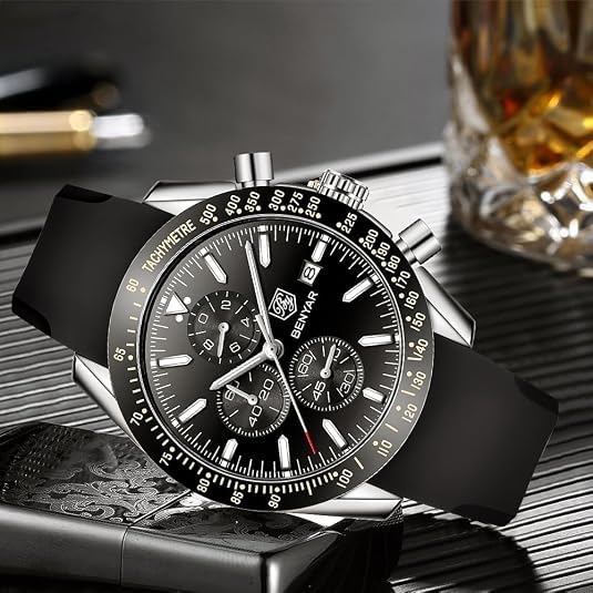 Image of BENYAR Men's Watches Chronograph Watch for Men Multifunction Black Waterproof Sport Fashion Quartz Wristwatches Calendar with Stainless Steel Strap