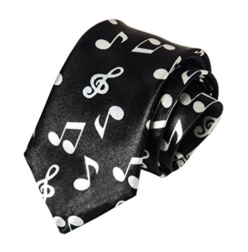 Men Black Skinny Ties Cute Vivid White G-Clef Note Printed Fashion Funny Necktie