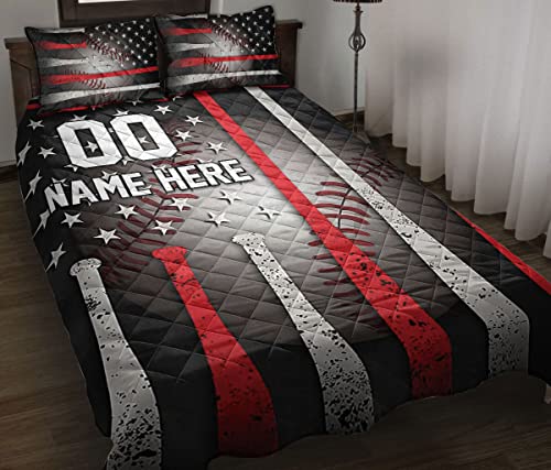 OhaPrints Custom Baseball for Son Boy Men Us Flag Personalized Name Number Quilt Blanket & Pillowcases, Quilts Bedding Set & Pillow Cover, King Queen Double Twin Throw Full Size Bedspread Bed Sets