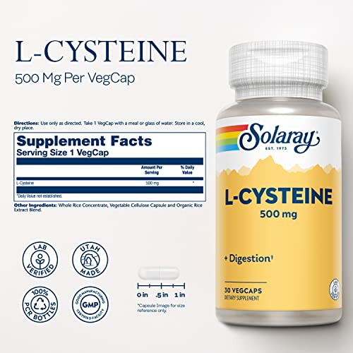 Image of SOLARAY L-Cysteine 500 mg, Digestion, Hair, Skin and Nails Support Supplement, Master Antioxidant, Lab Verified, 30 Servings, 30 VegCap