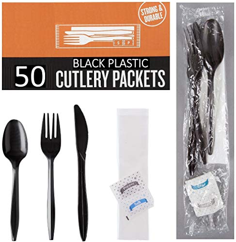 50 Plastic Cutlery Packets - Knife Fork Spoon Napkin Salt Pepper Sets | Black Plastic Silverware Sets Individually Wrapped Cutlery Kits, Bulk Plastic Utensil Cutlery Set Disposable To Go Silverware