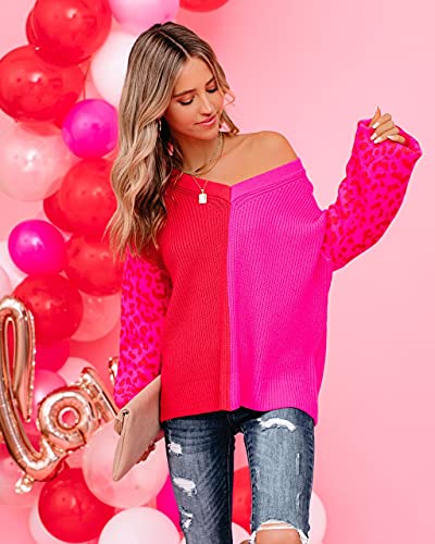 Ancapelion Women’s V Neck Sweater Pullover Leopard Long Sleeve Basic Color Block Jumper Casual Knitted Tops Leopard Red X-Large #TOP2