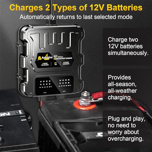 Image of 2 Bank Marine Battery Charger, 20A (10A /Bank) 12V IP68 Waterproof LCD Onboard Battery Charger with Overcharge Protection, Battery Maintainer for Lead-Acid, AGM, Gel, LiFePO4, Lithium, Boat, Car, RV