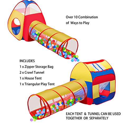 Extra Large Kid Tent Icorer 4Pc Pop Up Children Play Tent W/ 2 Crawl Tunnels & 2 Tents - Ball Pits For Boys Girls Toddlers For Indoor & Outdoor Use Children Playhouse W/Zipper Storage Case #TOP7