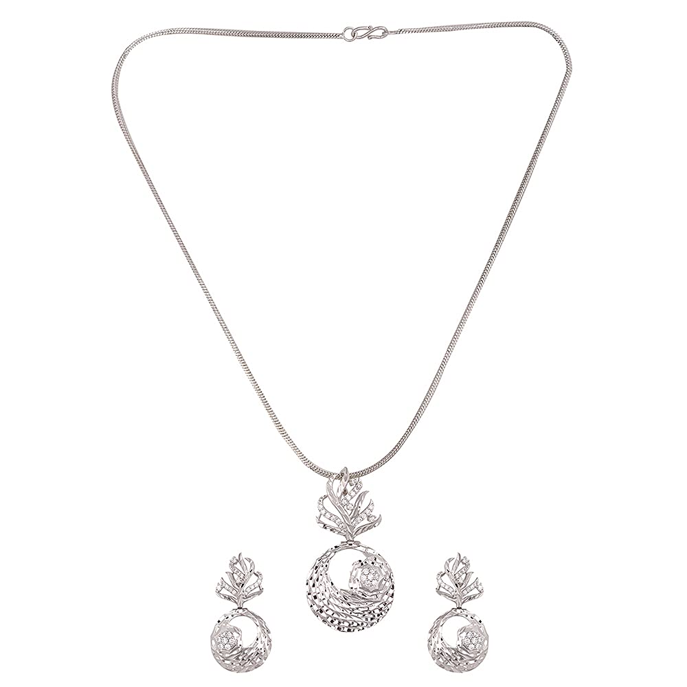 SARAF RS JEWELLERY White Rhodium AD Studded Round Pendant Earrings Set With Chain For Women & Girls (B095C5X7Z4) Amazon Price History, Amazon Price Tracker
