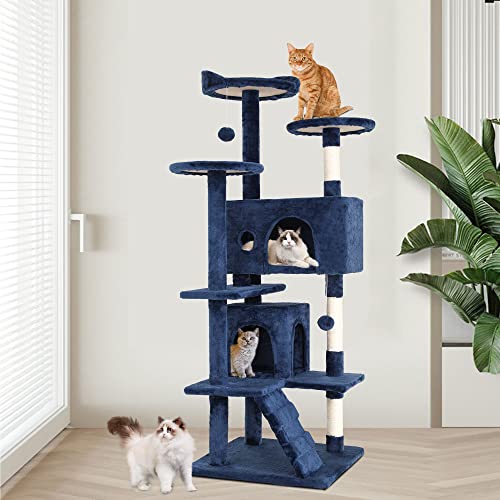Image of BestPet | 54 inch Cat Tree Tower | Navy Blue | Sturdy Multi-Level Cat Tree