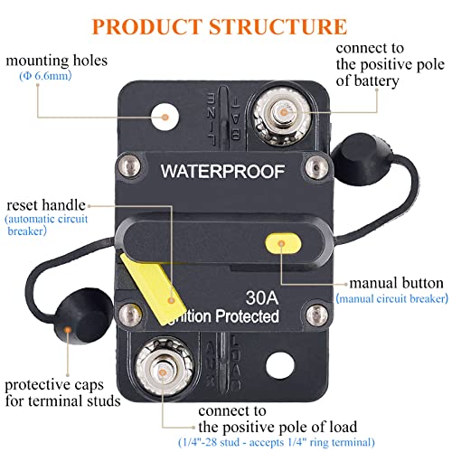 Zesugo 30 Amp Circuit Breaker With Manual Reset, Dc 12V - 48V Circuit Protector For Marine Trolling Motor Car Amplifier Rv Solar Truck Atv Inverter, Waterproof Surface-Mount Inline Fuse Holder #TOP1